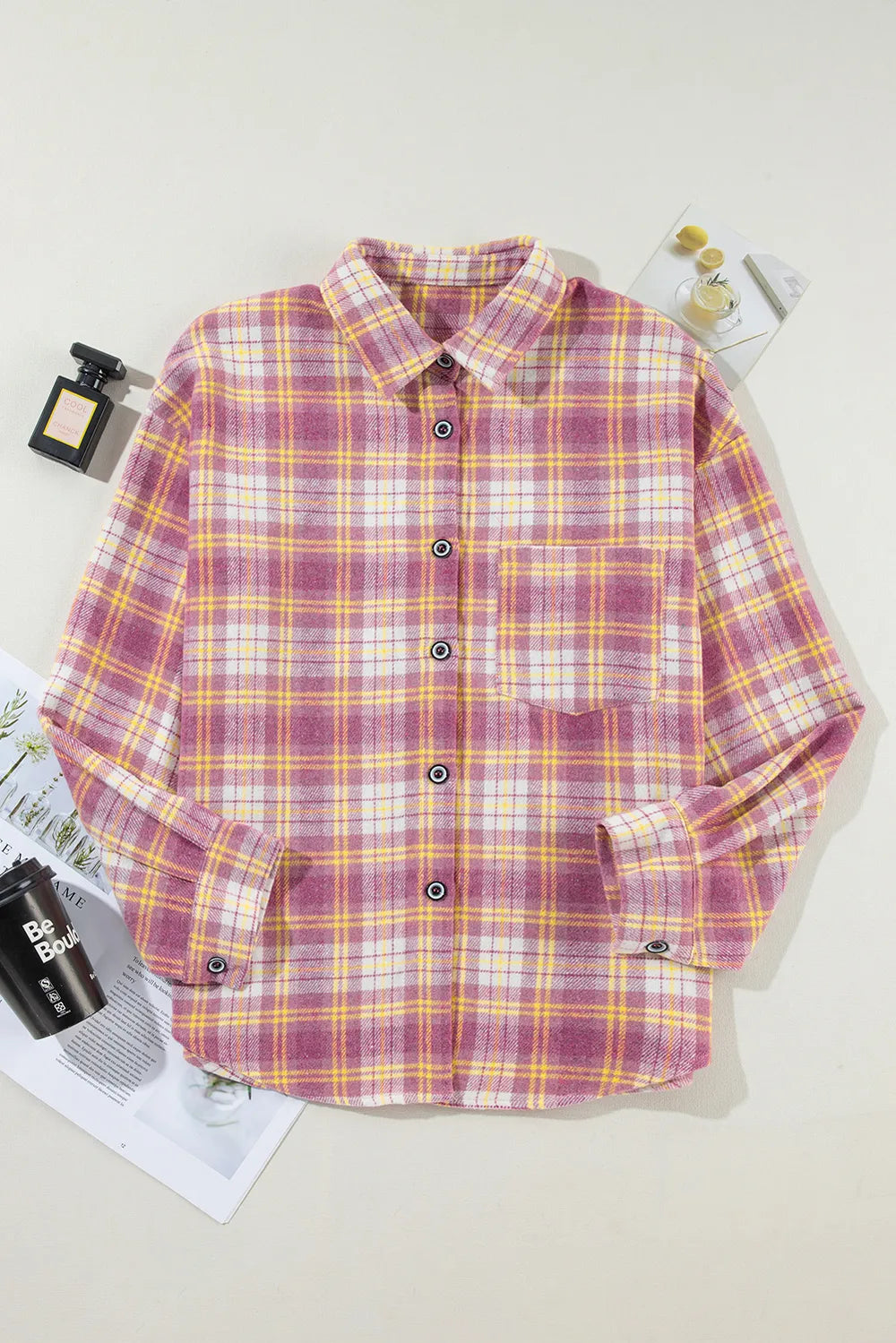 Plaid Collared Neck Button Up Shacket - Pink