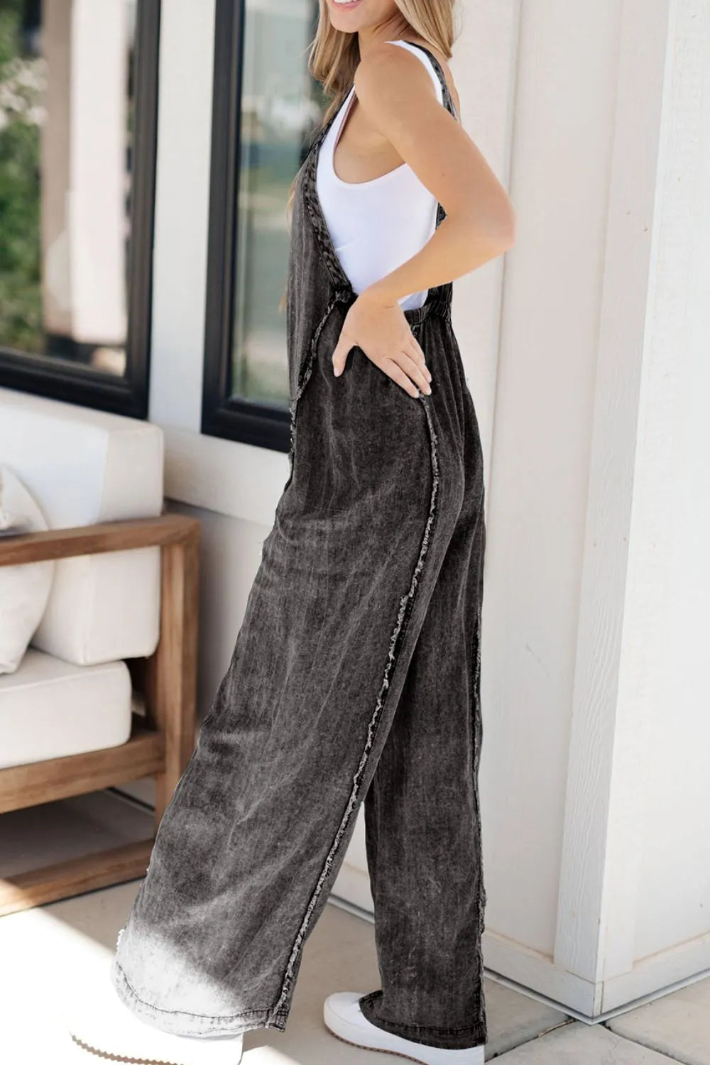 Frayed Wide Leg Denim Overalls -
