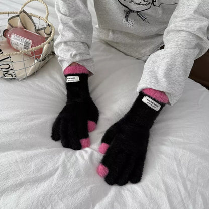 Warm Plush Contrast Knitted Gloves - Black One Size