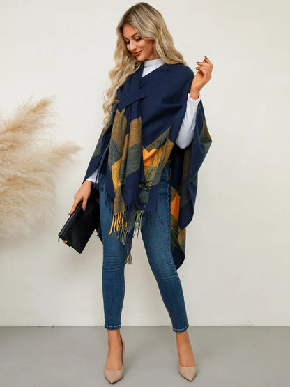 Fringe Contrast Plaid Poncho - Navy One Size