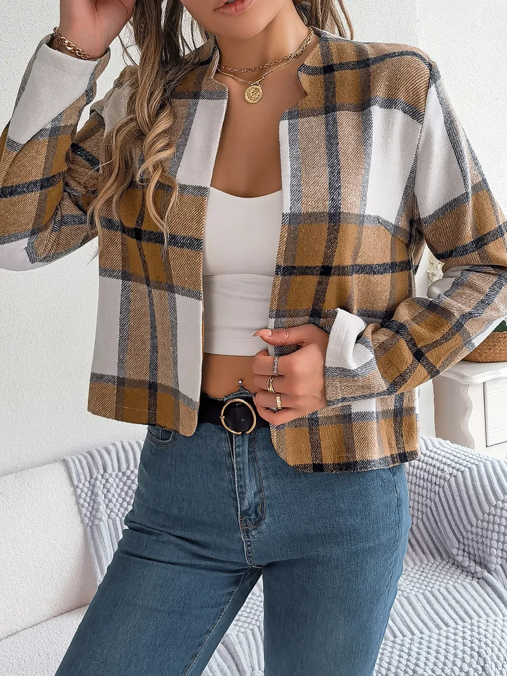 Plaid Open Front Long Sleeve Jacket -