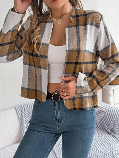 Plaid Open Front Long Sleeve Jacket -
