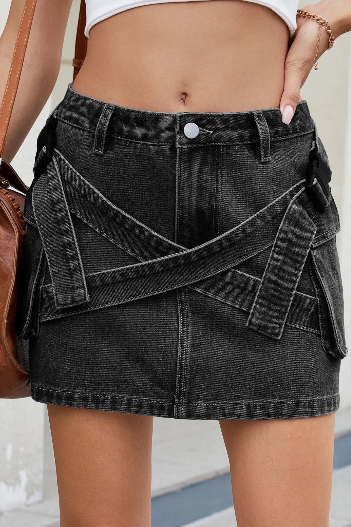 Criss-Cross Waist Detail Denim Mini Skirt - Black Gray