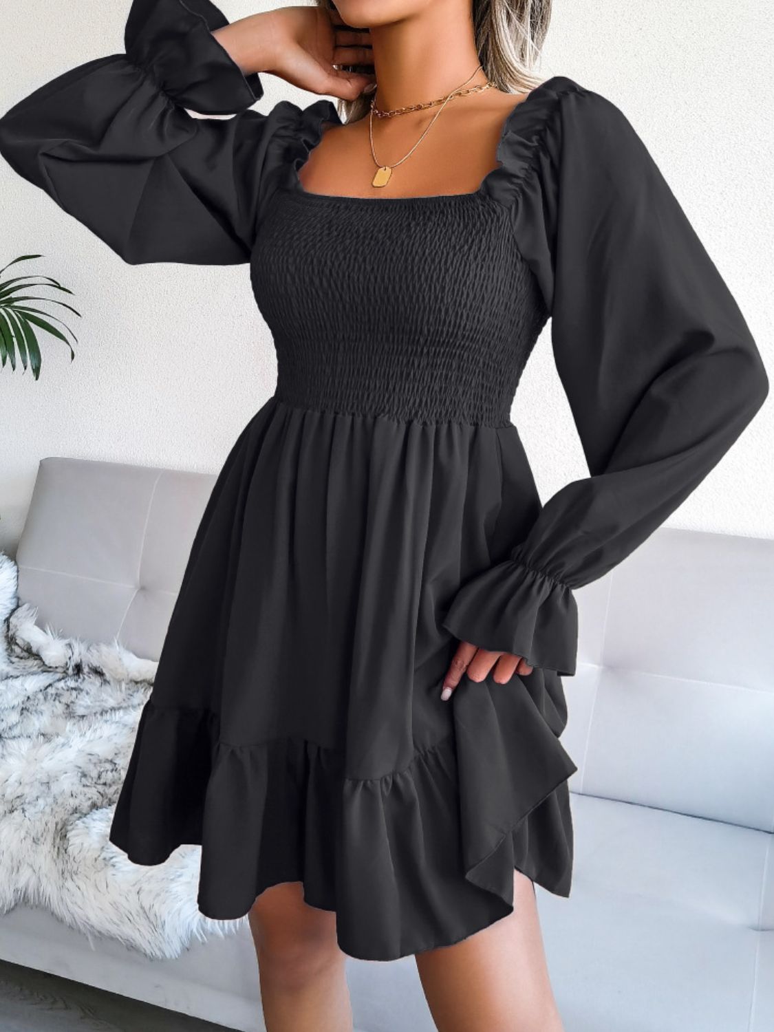 Smocked Flounce Sleeve Square Neck Dress | AdoreStarr