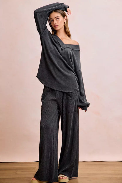 Two Tone Cord Rib V-Neck Top and Pants Set -