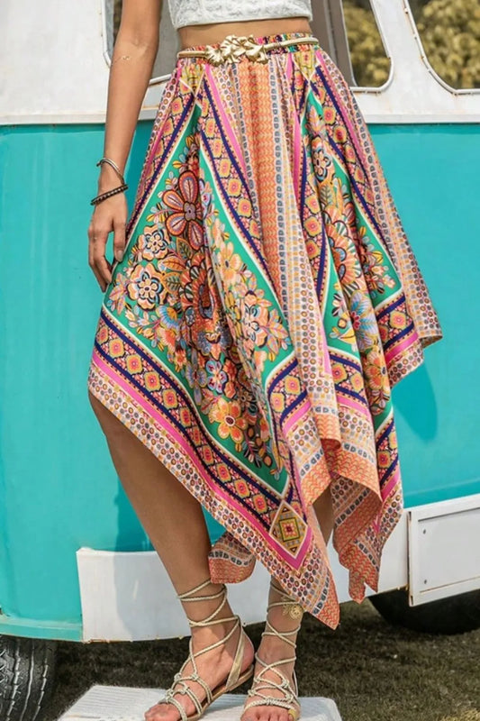 Printed High Waist Handkerchief Hem Skirt - Multicolor