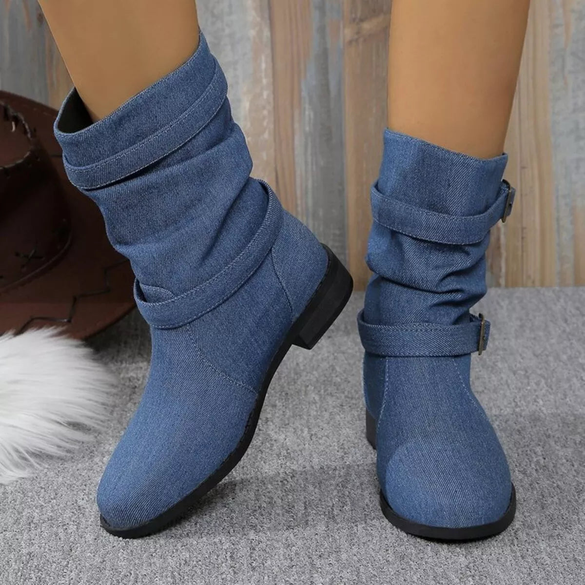 Buckle Accent Block Heel Boots -