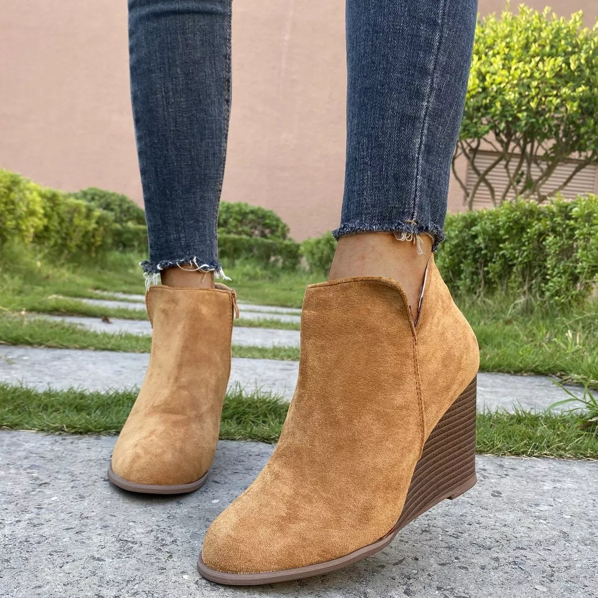 Round Toe Wedge Ankle Boots -