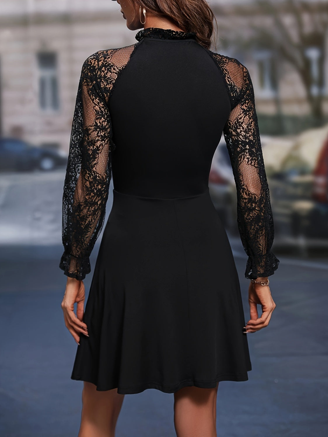 Lace Tie Neck Flounce Sleeve Dress | AdoreStarr