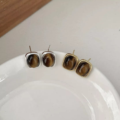 Square Tiger Eye Stud Earrings -