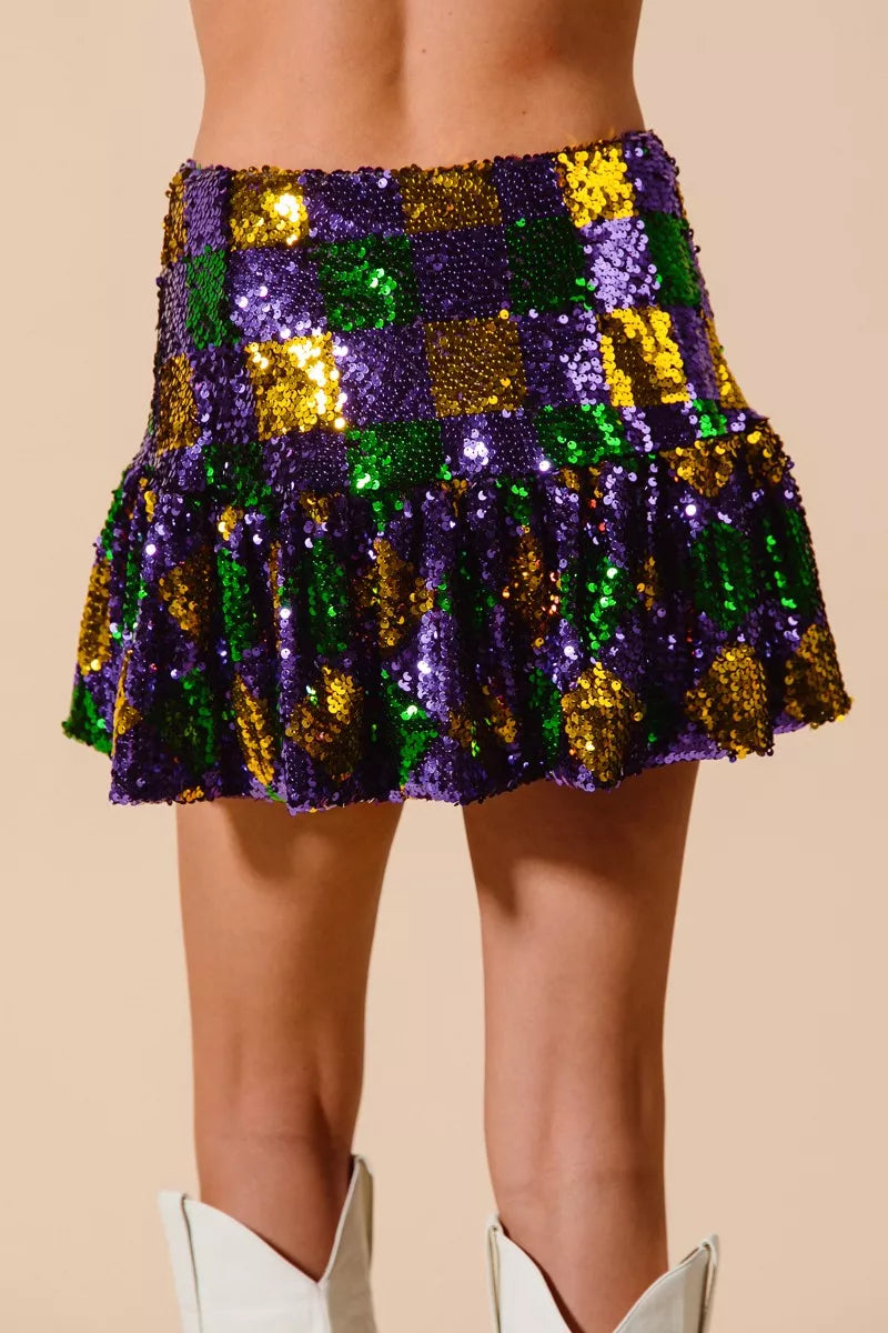 Mardi Gras Checker Sequins Mini Skirt -