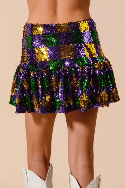 Mardi Gras Checker Sequins Mini Skirt -