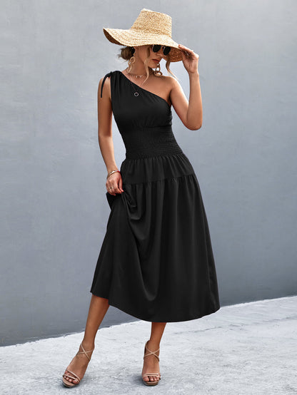 Asymmetrical One Shoulder Smocked Waist Midi Dress | AdoreStarr