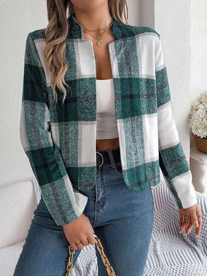 Plaid Open Front Long Sleeve Jacket -