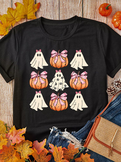 Bowknot Ghost Pumpkin Graphic T-Shirt -