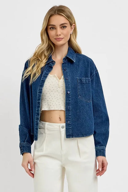 Button Up Long Sleeve Denim Shacket - Dark