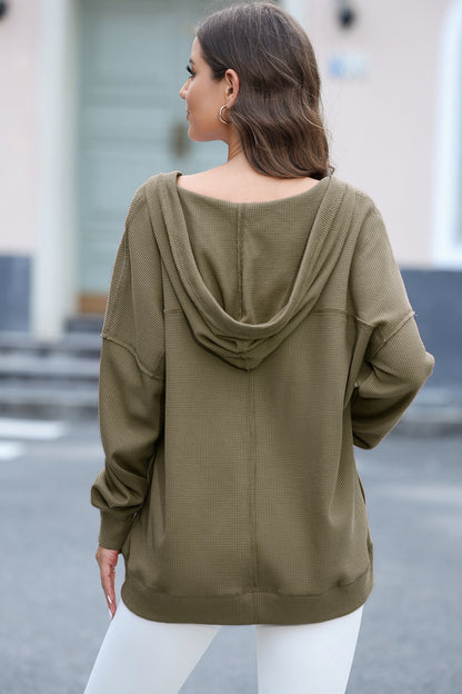 Exposed Seam V-Neck Drawstring Hoodie - Matcha Green