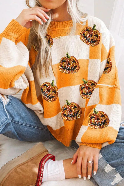 Pumpkin Checkered Round Neck Sweater - Tangerine