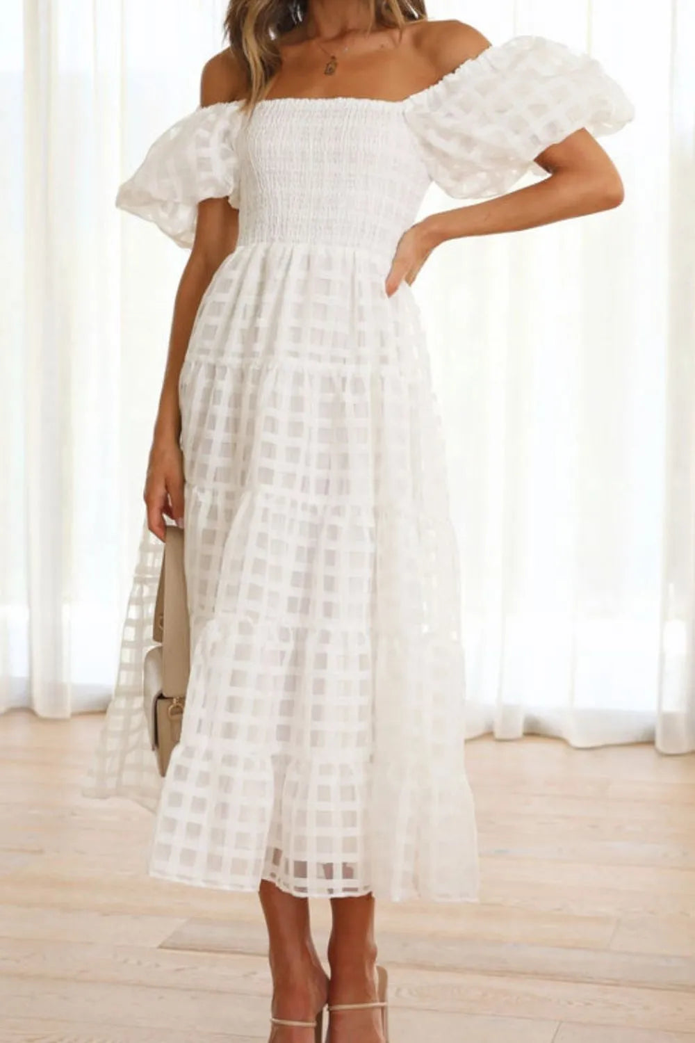 Off Shoulder Short Puff Sleeve Midi Dress -