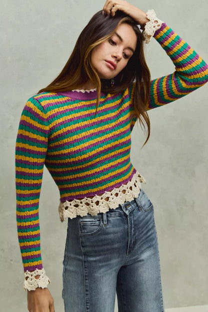 Mardi Gras Striped Cropped Knit Top -