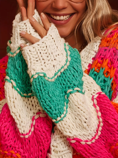 Color Block Open Front Cardigan - Deep Rose