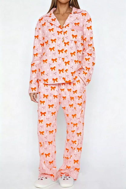 Bow Print Top and Wide Leg Pants Lounge Set -