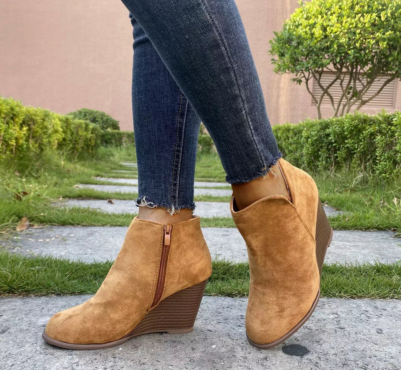 Round Toe Wedge Ankle Boots -