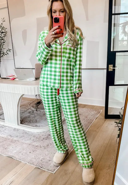Plaid Collared Neck Long Sleeve Top and Pants Set -