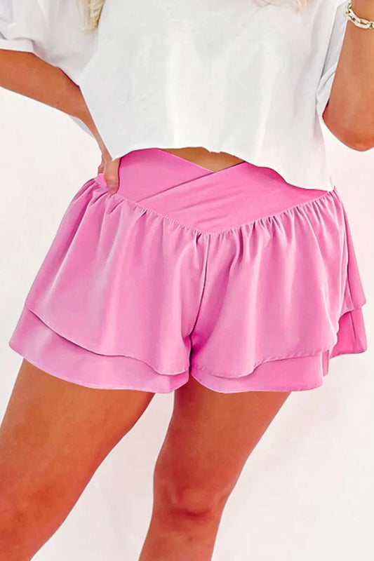 Ruffled Layered Asymmetrical Waist Shorts - Pink