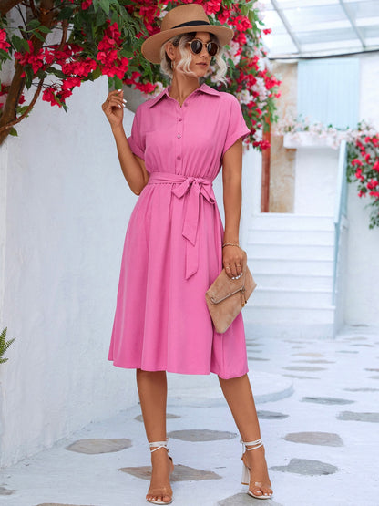 Buttoned Tie Waist Short Sleeve Dress | AdoreStarr