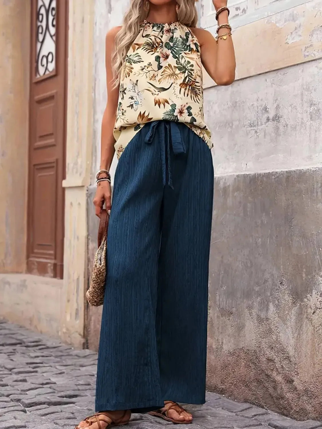 Printed Tank Top and Wide Leg Pants Set -