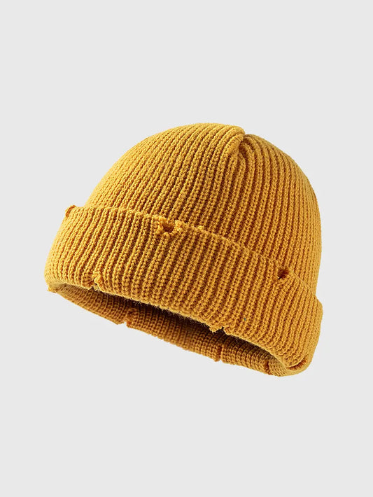 Distressed Cuffed Knit Hat - Yellow One Size