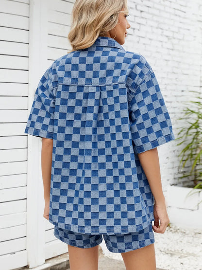 Checkered Shirt and Shorts Denim Set -