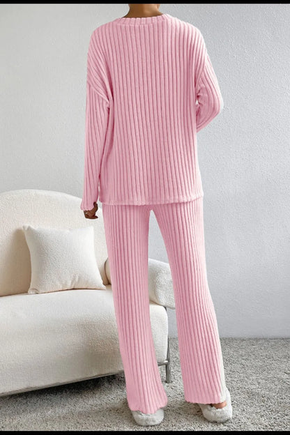 Ribbed V-Neck Top and Pants Lounge Set -