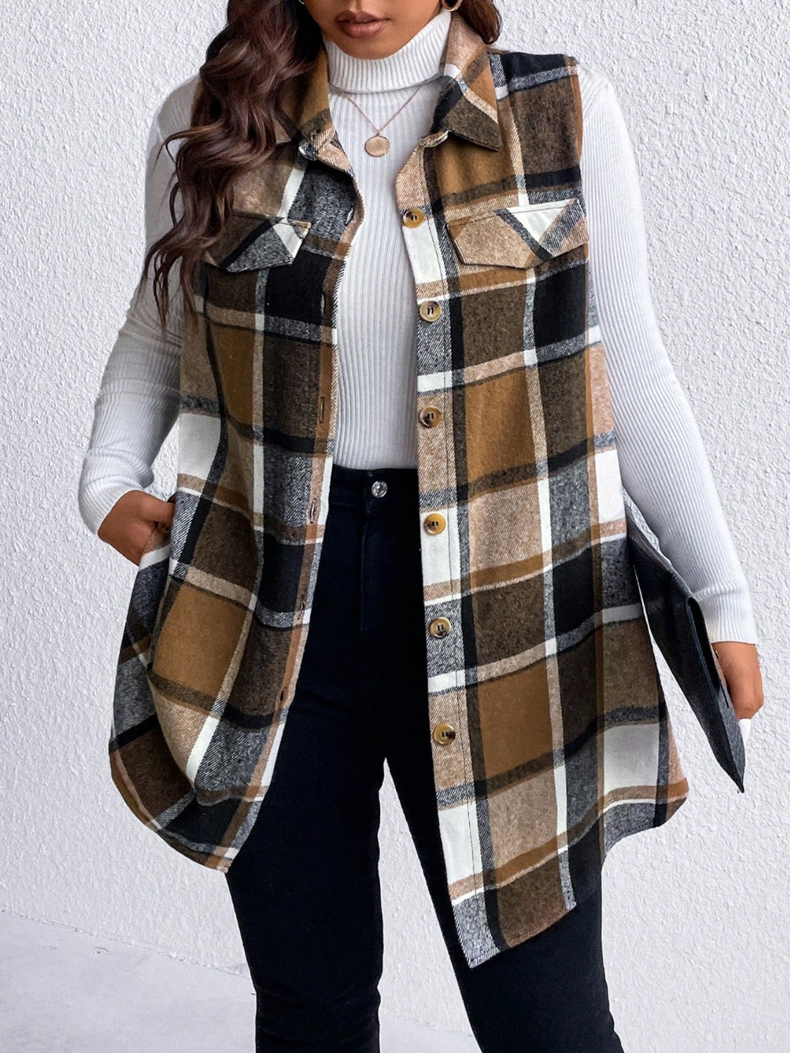 Plus Size Pocketed Plaid Button Up Vest Coat - Camel