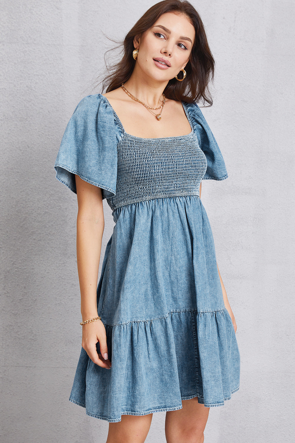 Smocked Square Neck Mini Denim Dress