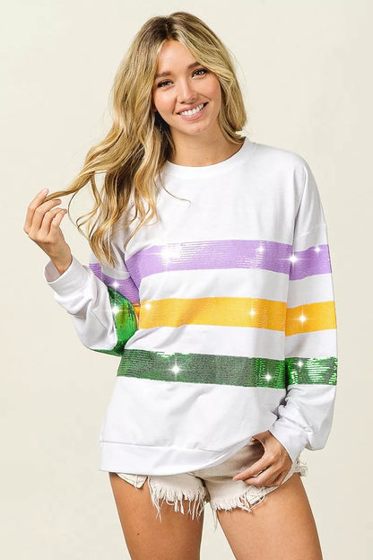 Sequin Mardi Gras Striped Round Neck Sweatshirt -