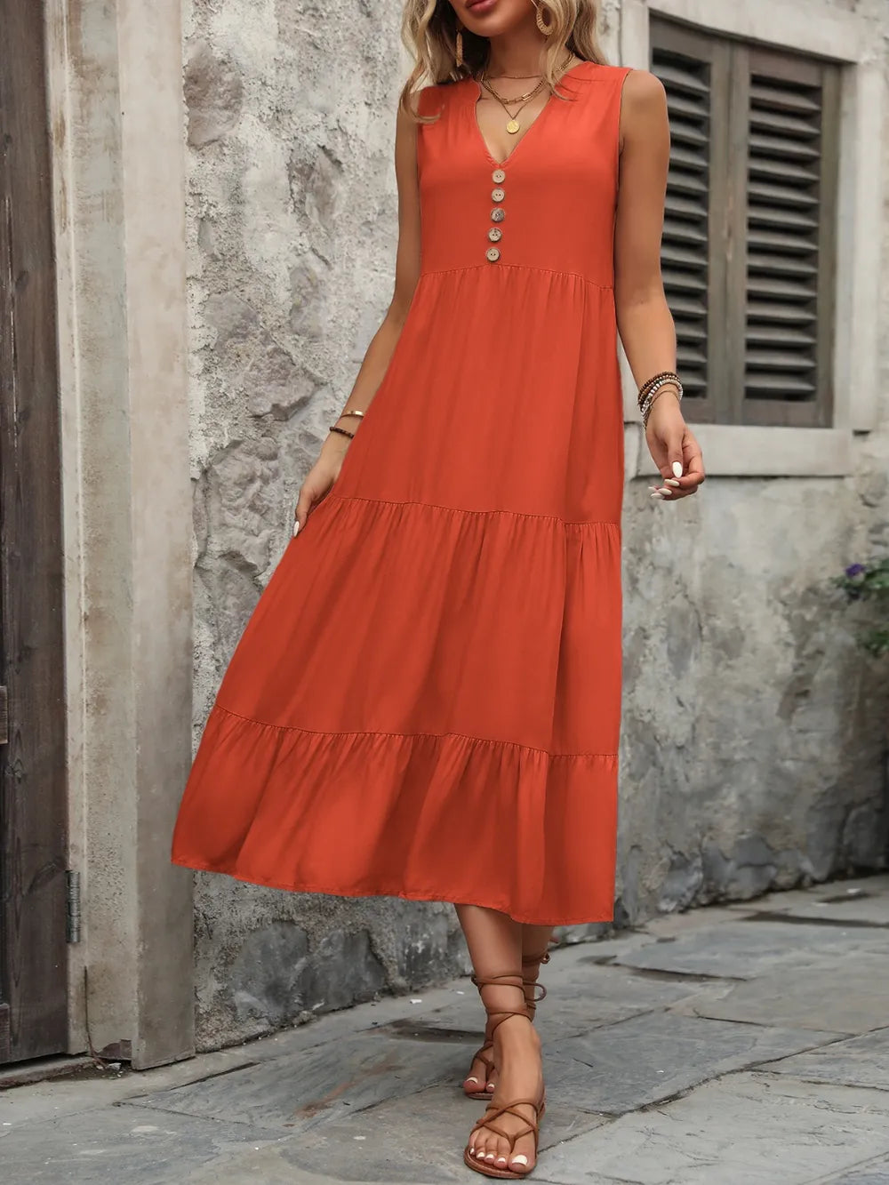Decorative Button Notched Sleeveless Dress -