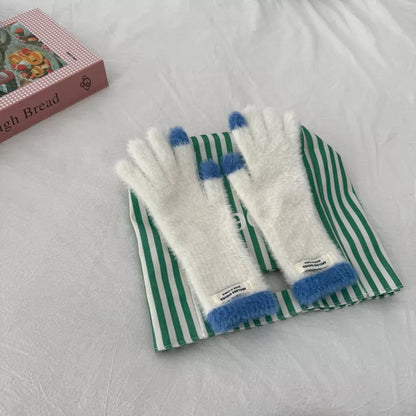 Warm Plush Contrast Knitted Gloves - White One Size