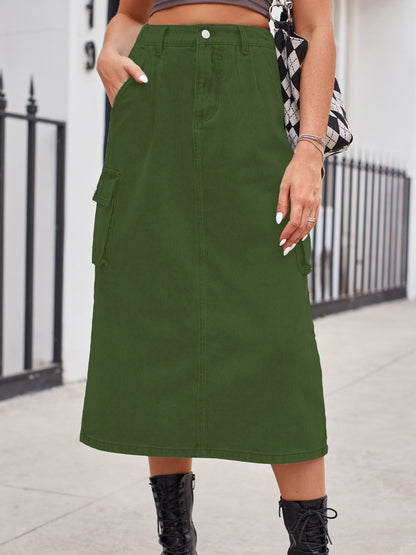 Slit Buttoned Denim Skirt with Pockets - Army Green