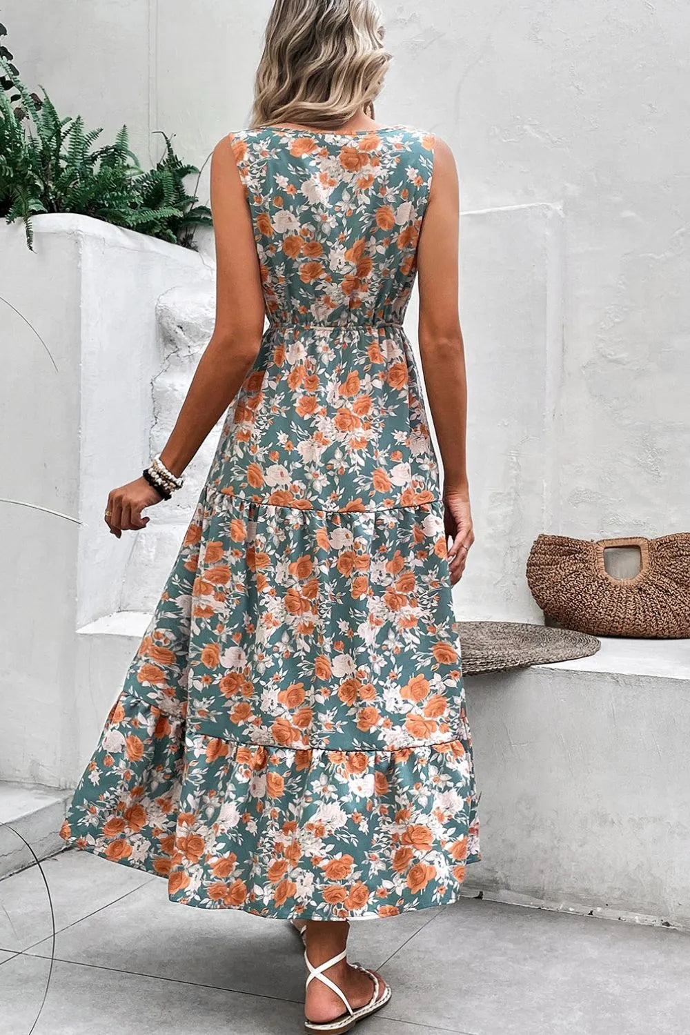 Floral Print Trimmed V-Neck Tie Waist Dress -