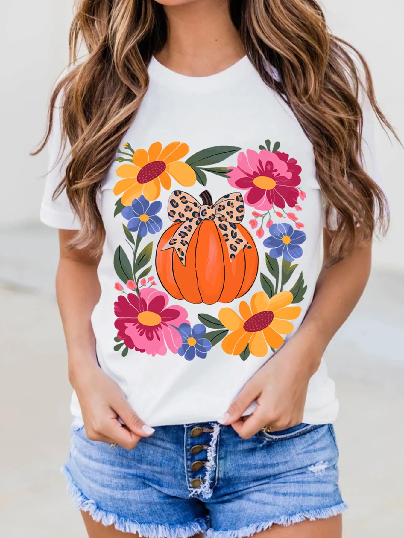 Pumpkin Floral Graphic Round Neck T-Shirt -