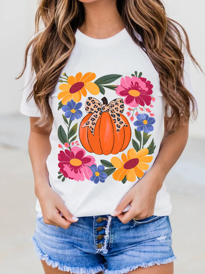 Pumpkin Floral Graphic Round Neck T-Shirt -