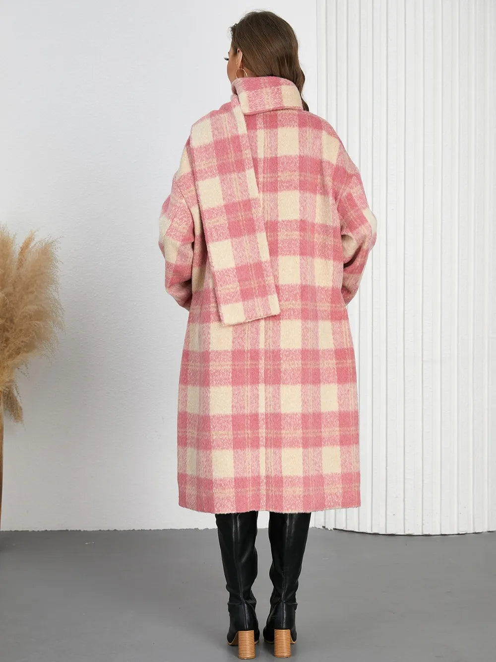 Plaid Button Up Long Sleeve Coat - Burnt Coral