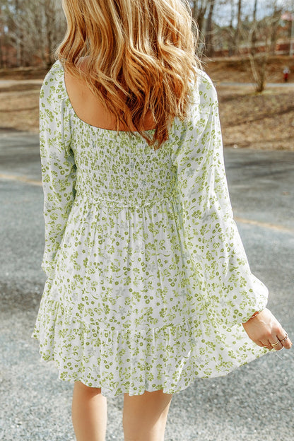 Smocked Floral Square Neck Balloon Sleeve Dress - Mist Green