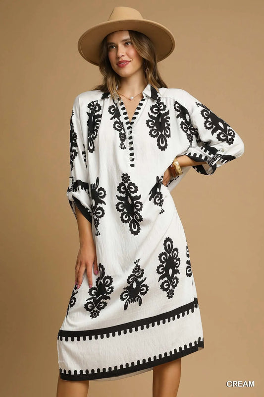 Abstract Print Midi Dress - Cream