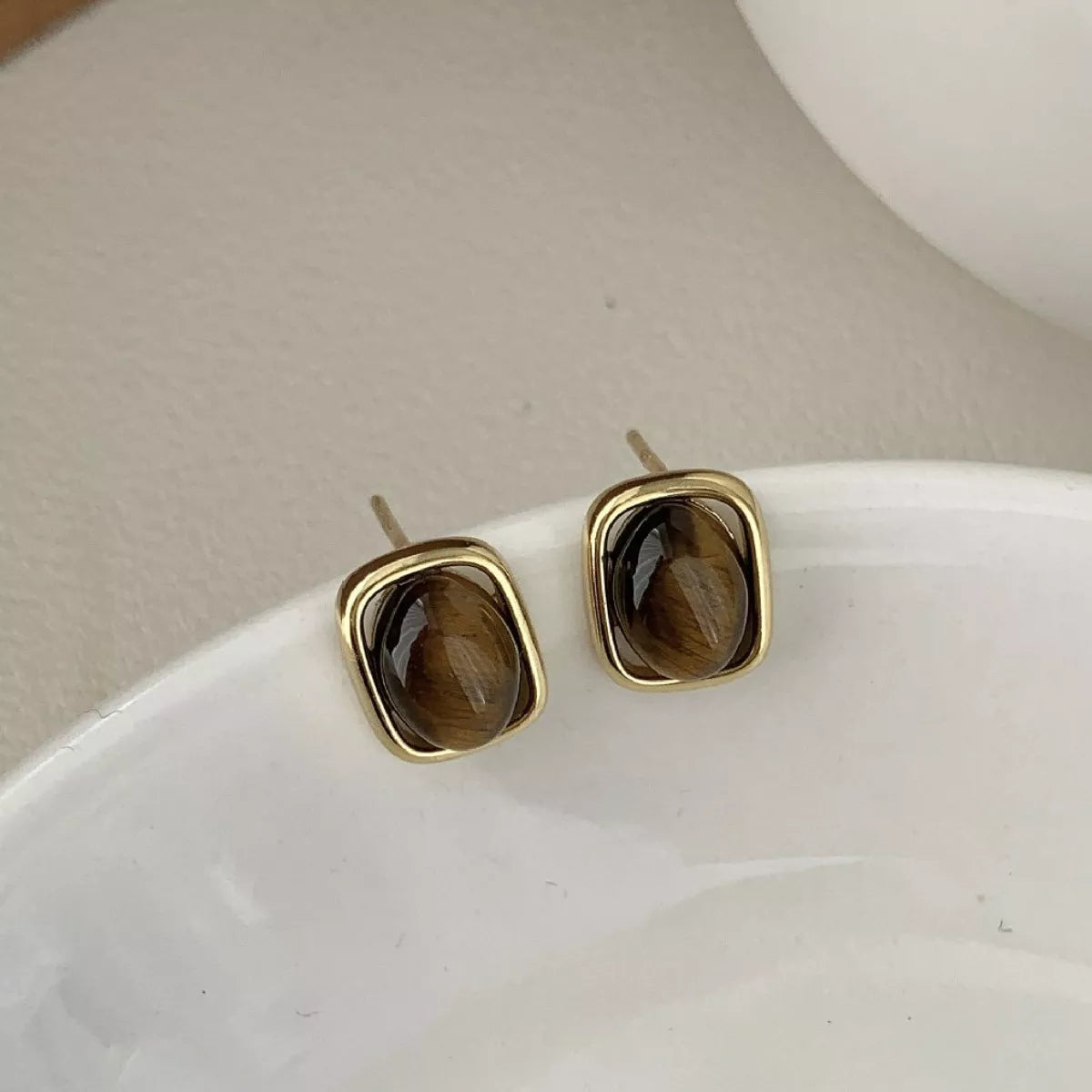 Square Tiger Eye Stud Earrings -
