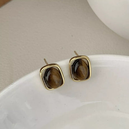 Square Tiger Eye Stud Earrings -