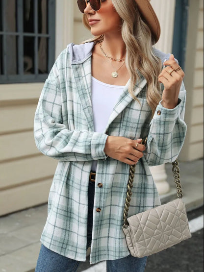 Drawstring Plaid Button Up Hooded Jacket -