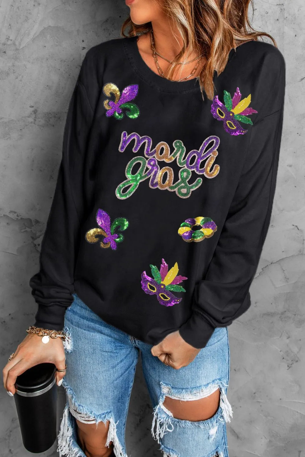 MARDI GRAS Sequin Round Neck Sweatshirt -